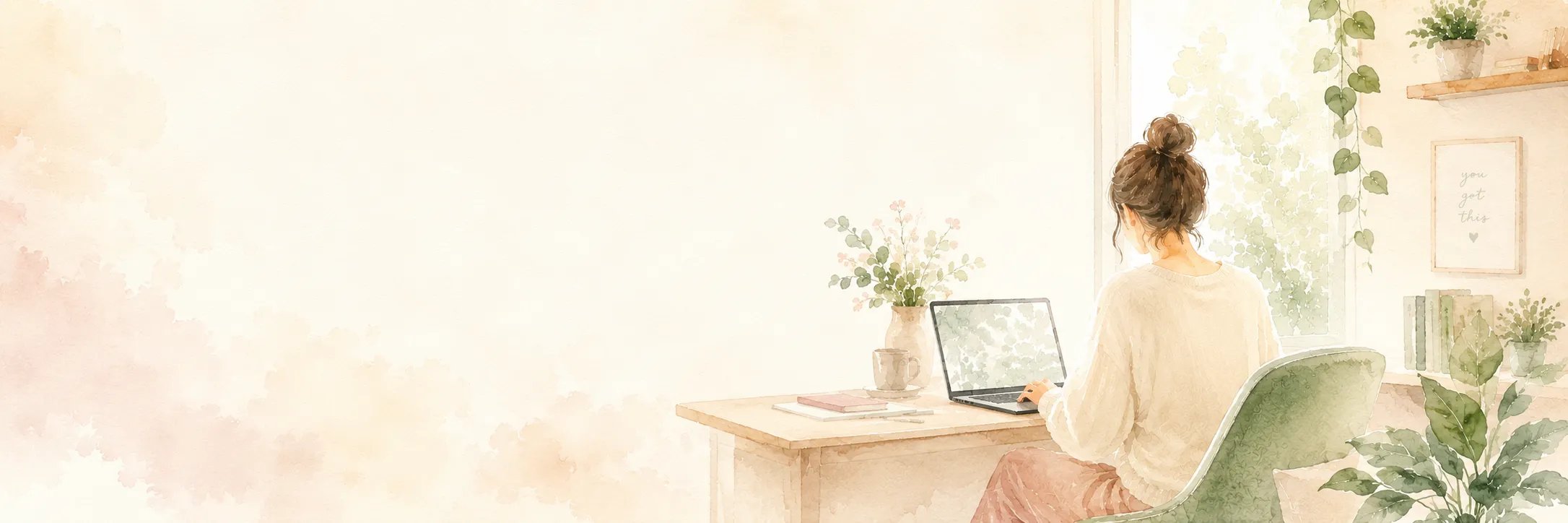 窓辺の自宅でノートパソコンを使って働く女性のイラスト